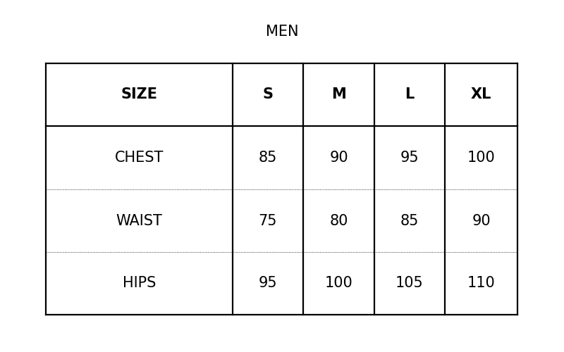 Men's dance shirt size guide with chest, waist, and hips measurements